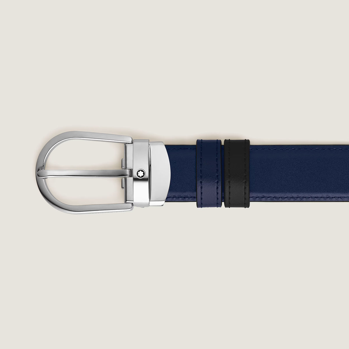 Cintura reversibile con fibbia a ferro di cavallo 30 mm in pelle nera/blu inchiostro
