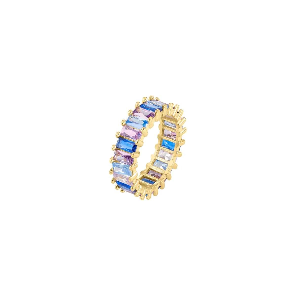 Anello Vera Argento 925 Bagno Oro Giallo Baguette Colorate