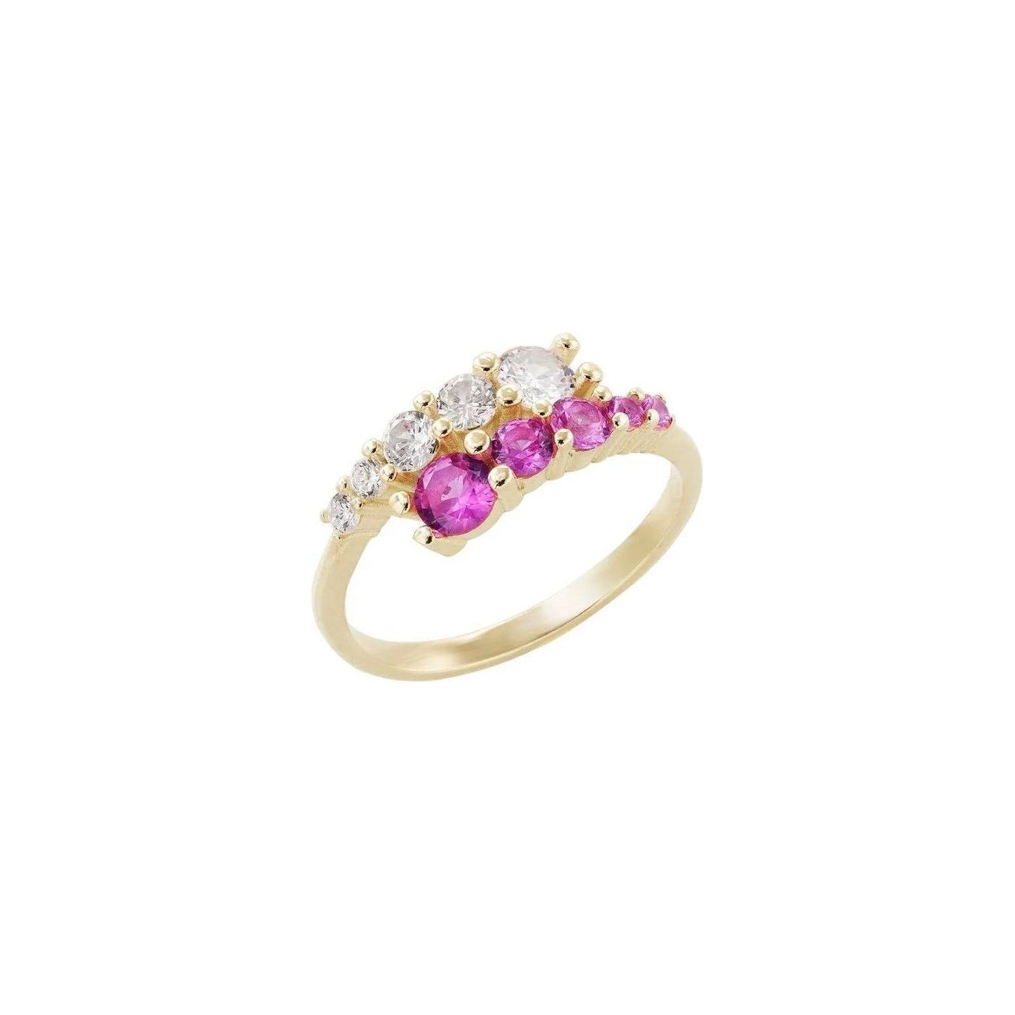 Anello Contrarie' Argento 925 Bagno Oro Giallo Zirconi Bianchi E Fucsia