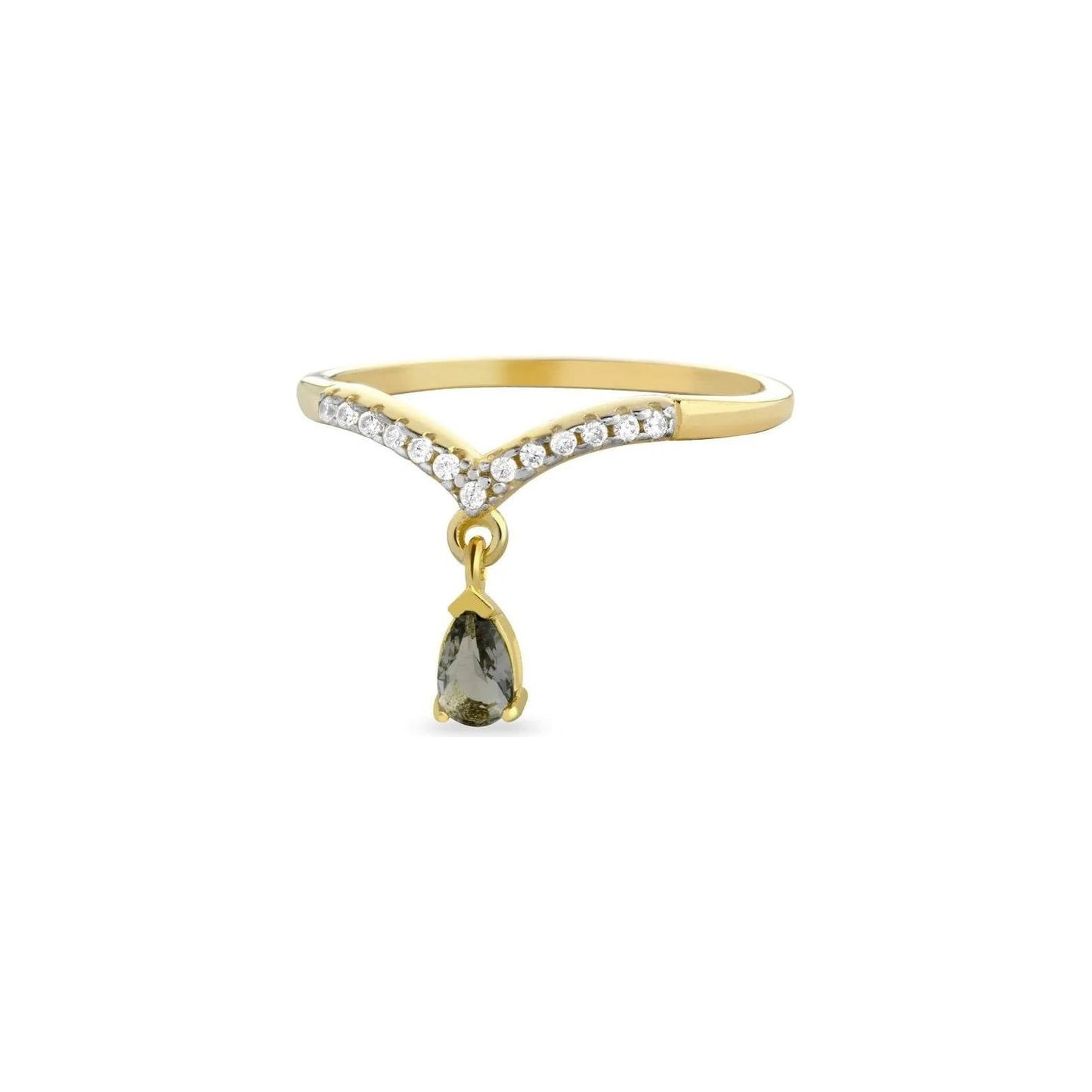 Anello Argento B925 Bagno Oro Giallo Zirconi Bianchi E Goccia Grigia