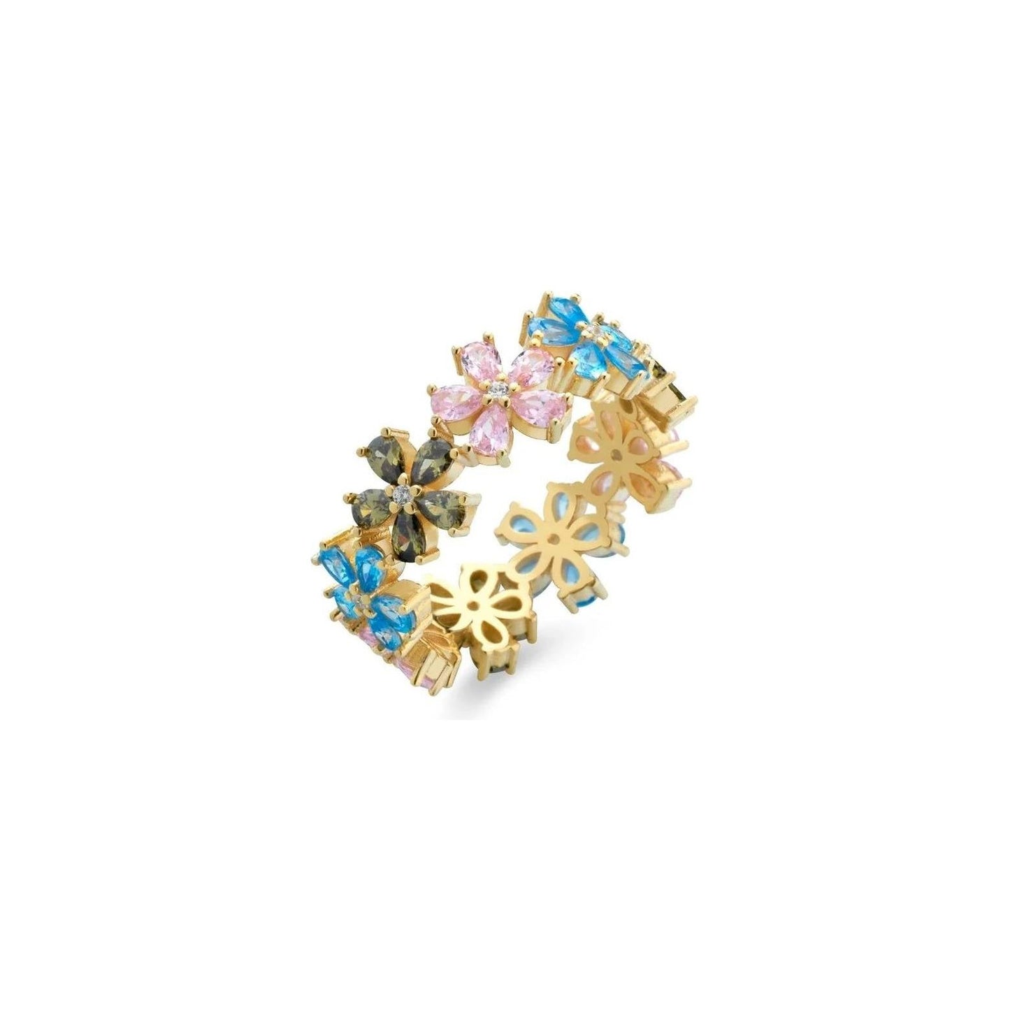 Anello Fiori Argento 925 Bagno Oro Giallo Zirconi Colorati