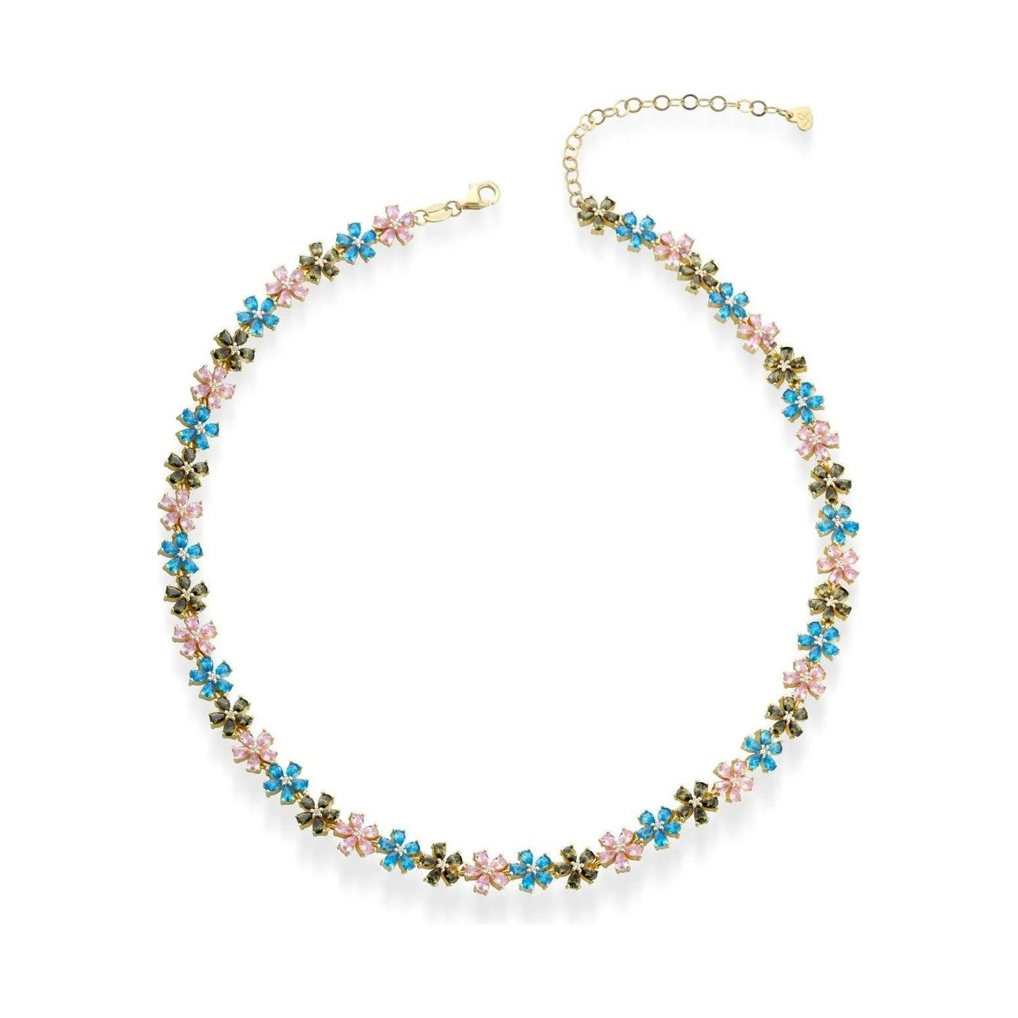 Girocollo Fiori Argento 925 Bagno Oro Giallo Zirconi Colorati