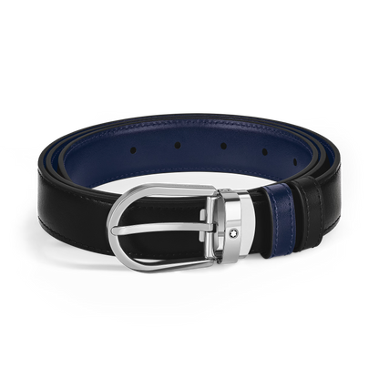 Cintura reversibile con fibbia a ferro di cavallo 30 mm in pelle nera/blu inchiostro