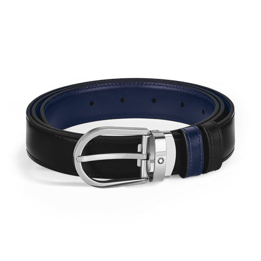 Cintura reversibile con fibbia a ferro di cavallo 30 mm in pelle nera/blu inchiostro