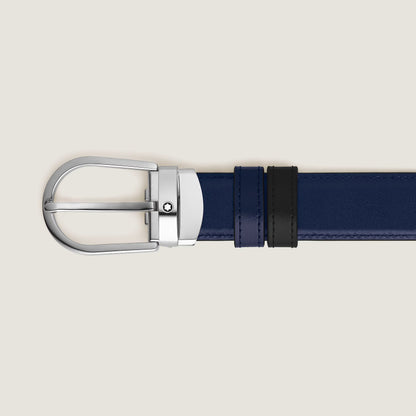 Cintura reversibile con fibbia a ferro di cavallo 30 mm in pelle nera/blu inchiostro