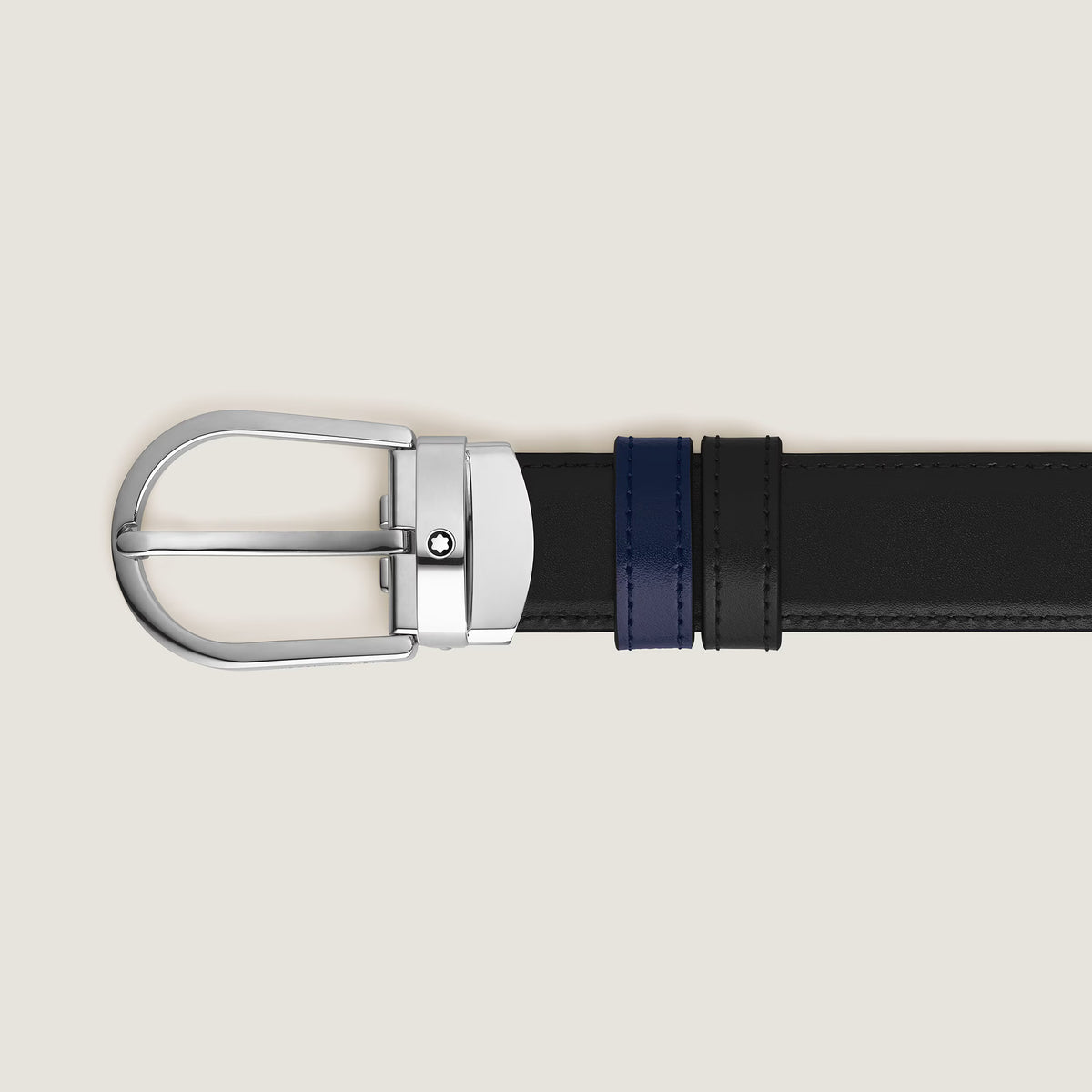 Cintura reversibile con fibbia a ferro di cavallo 30 mm in pelle nera/blu inchiostro