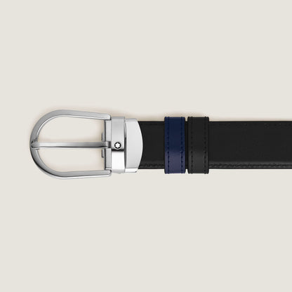 Cintura reversibile con fibbia a ferro di cavallo 30 mm in pelle nera/blu inchiostro