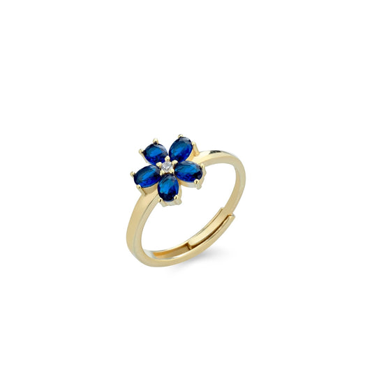 Anello fiore argento dorato zirconi blu