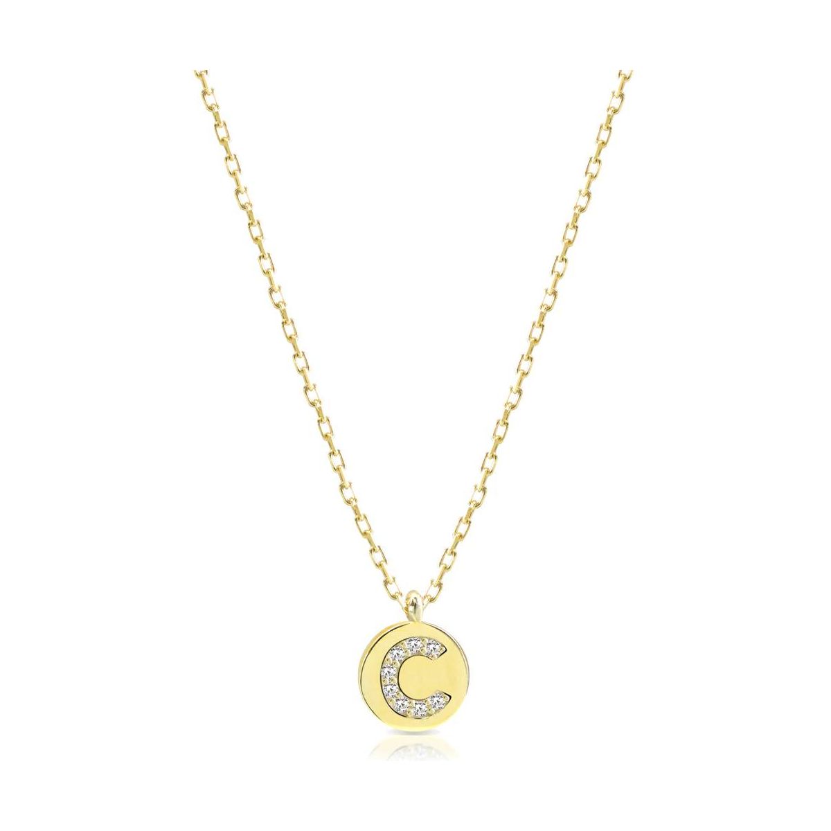 Collana Iniziale C Argento 925 Bagno Oro Giallo Zirc Bianchi