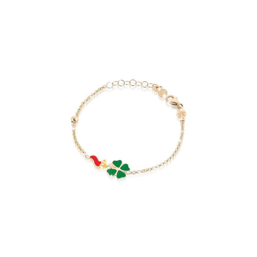 Bracciale Fortuna con cornetto e quadrifoglio in oro giallo
