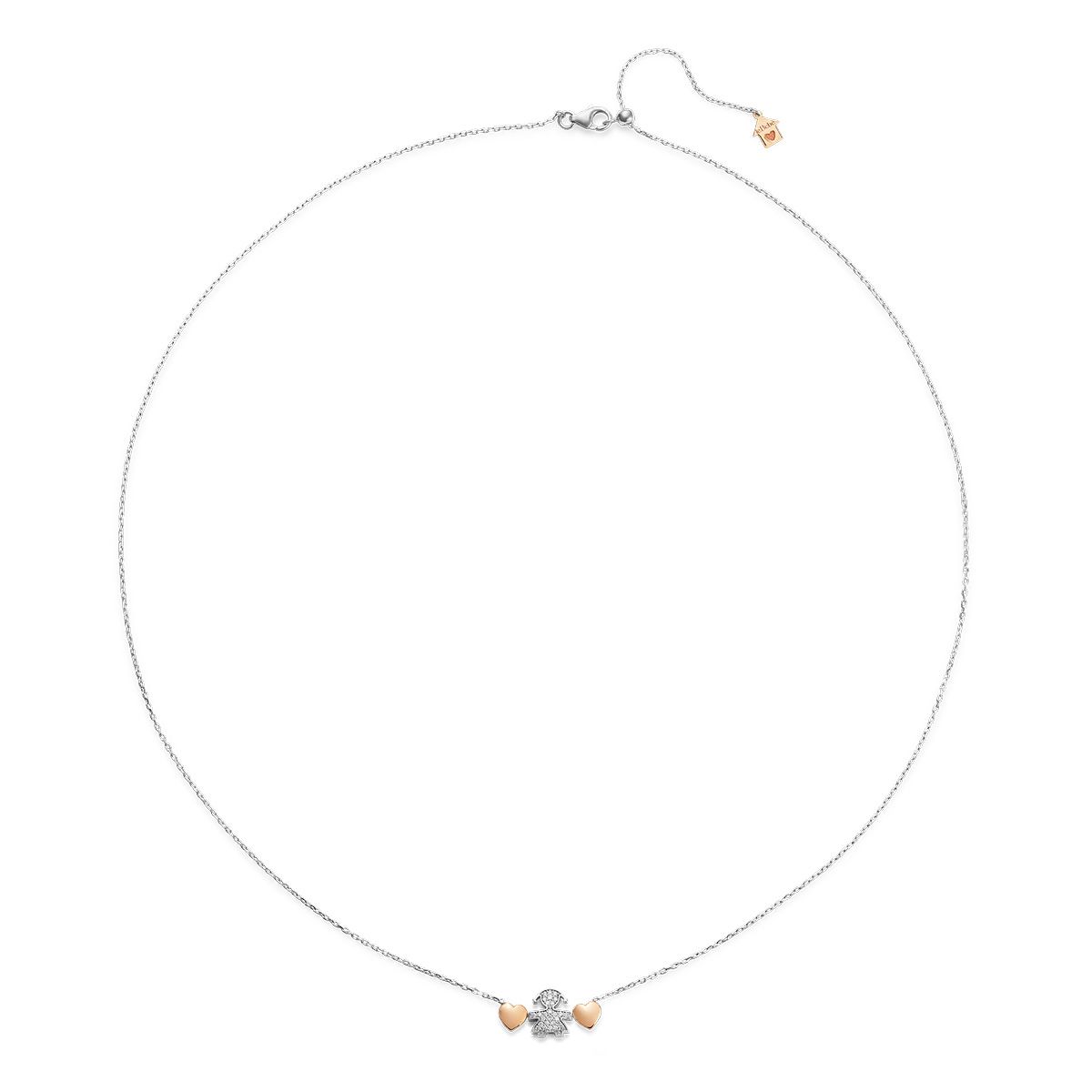 Collana sagoma bimba oro bianco con diamanti e cuori in oro rosa