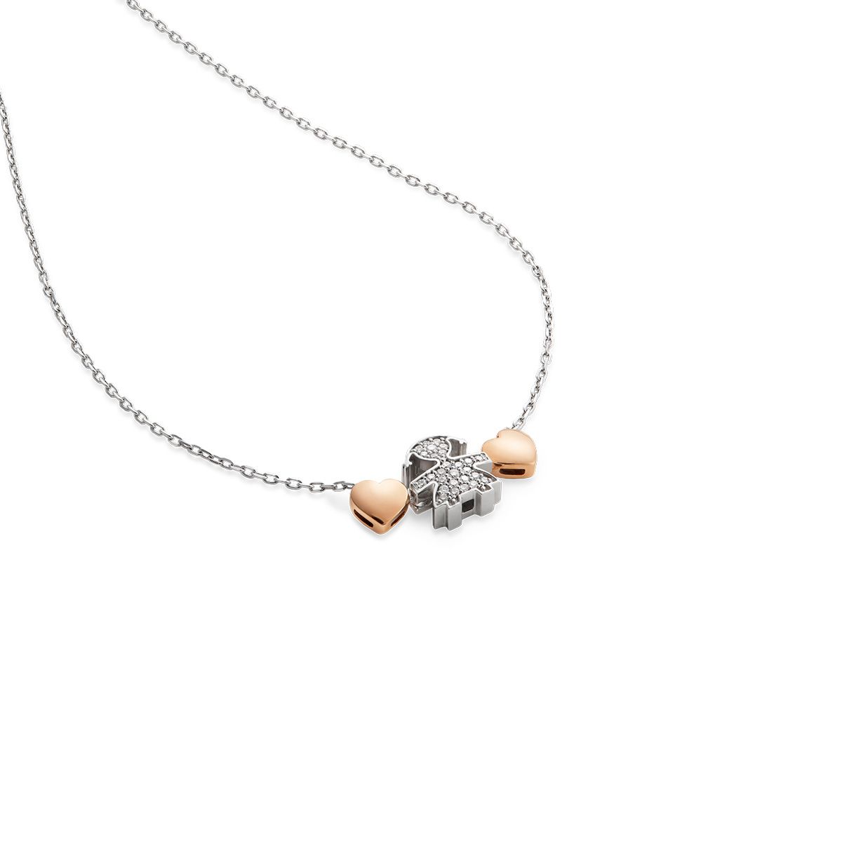 Collana sagoma bimba oro bianco con diamanti e cuori in oro rosa