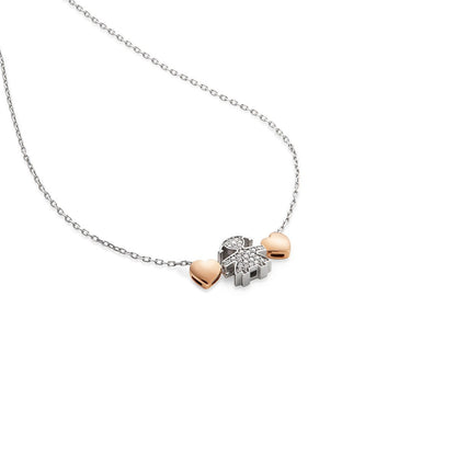 Collana sagoma bimba oro bianco con diamanti e cuori in oro rosa