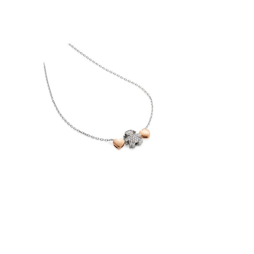 Collana sagoma bimba oro bianco con diamanti e cuori in oro rosa