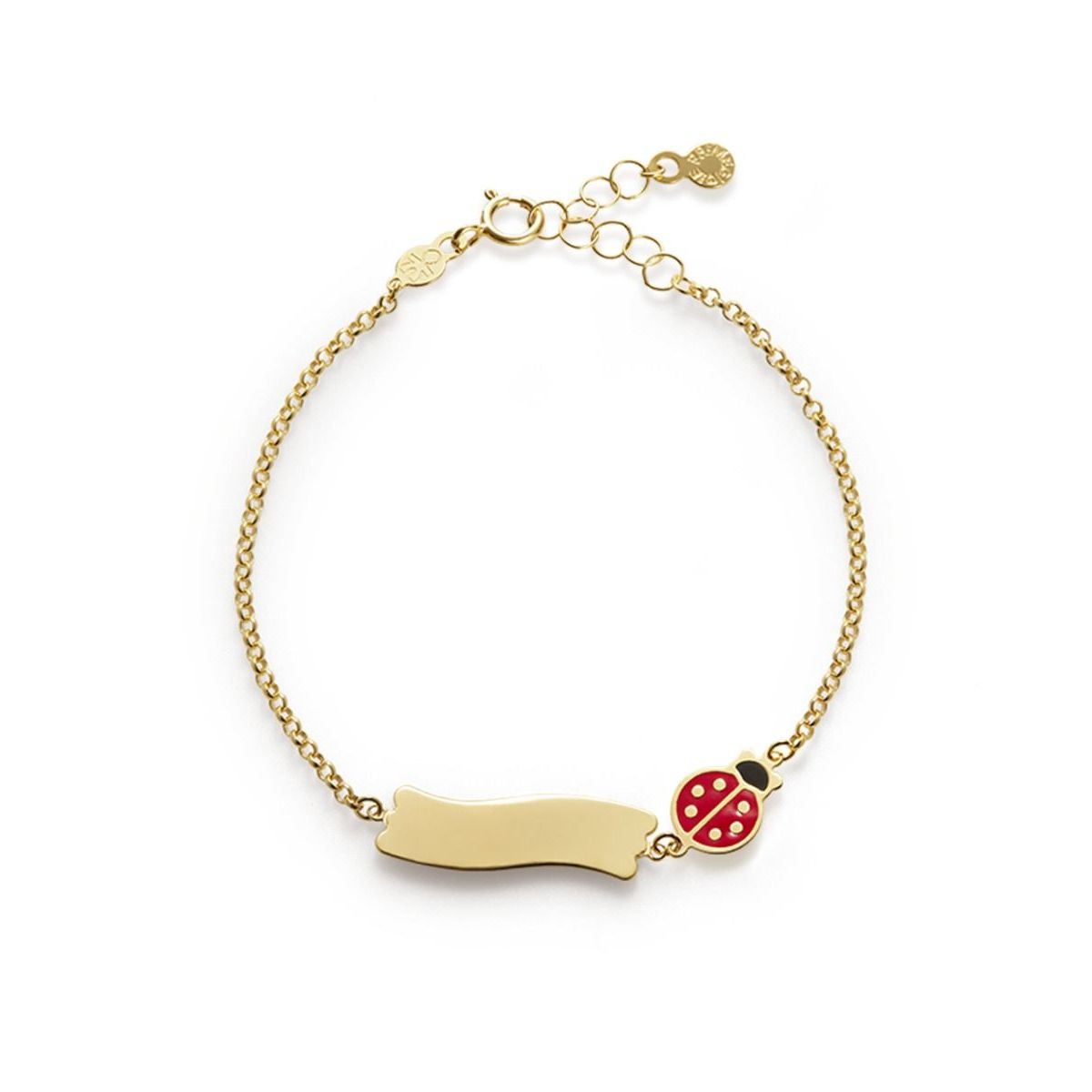 Bracciale Fortuna con coccinella e targhetta in oro giallo