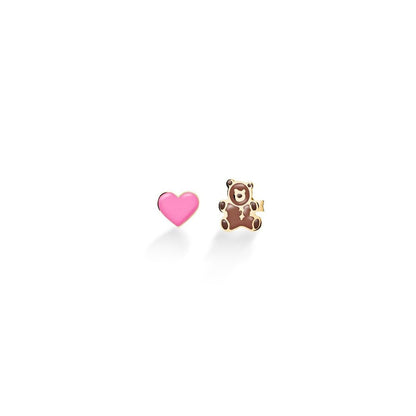 Orecchini Toys con cuore e orsetto in oro giallo