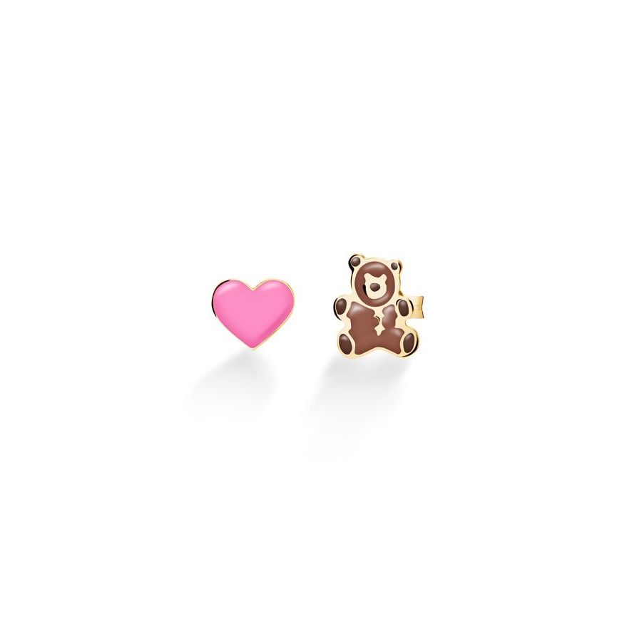 Orecchini Toys con cuore e orsetto in oro giallo