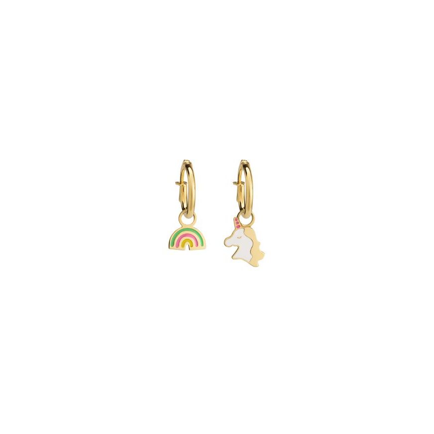 Orecchini a cerchietto Toys in oro giallo con arcobaleno e unicorno