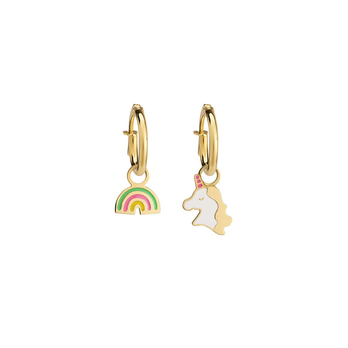 Orecchini a cerchietto Toys in oro giallo con arcobaleno e unicorno