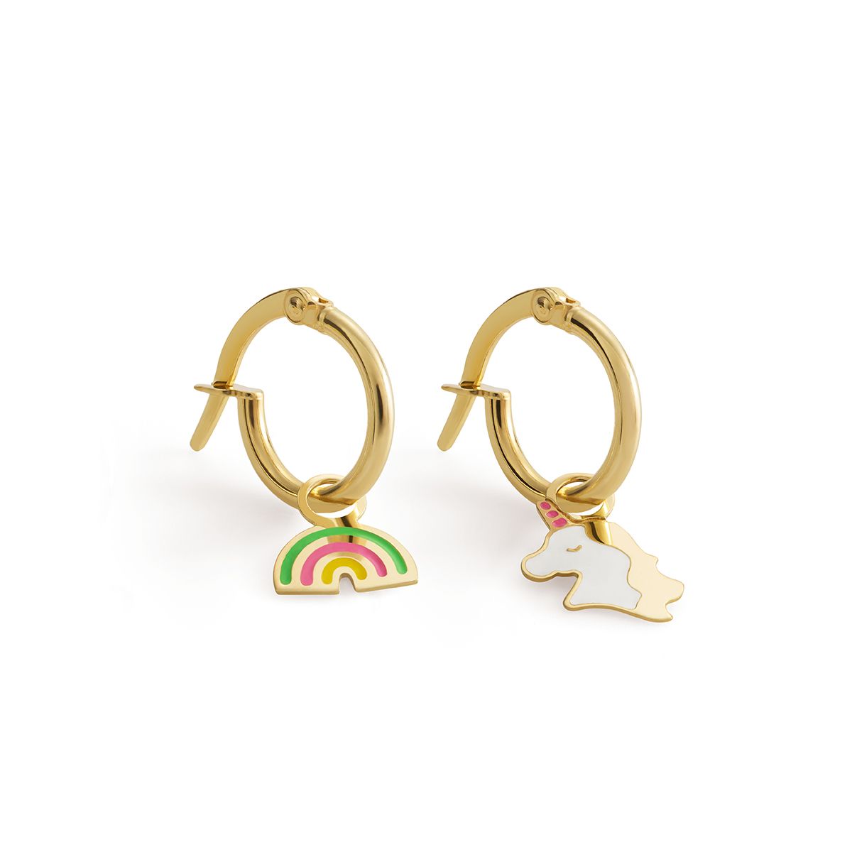 Orecchini a cerchietto Toys in oro giallo con arcobaleno e unicorno