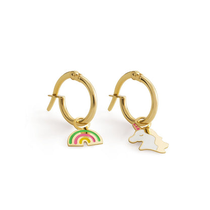 Orecchini a cerchietto Toys in oro giallo con arcobaleno e unicorno